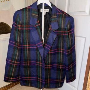 Vintage Liz Claiborne Navy Plaid Blazer with Pink & Green Accents